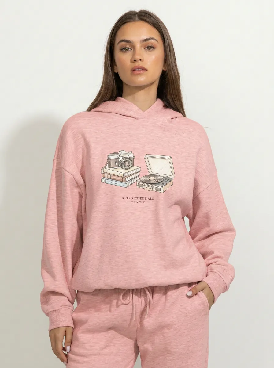 Women's Retro Essentials Camera Vinyl Record Graphic Hoodie