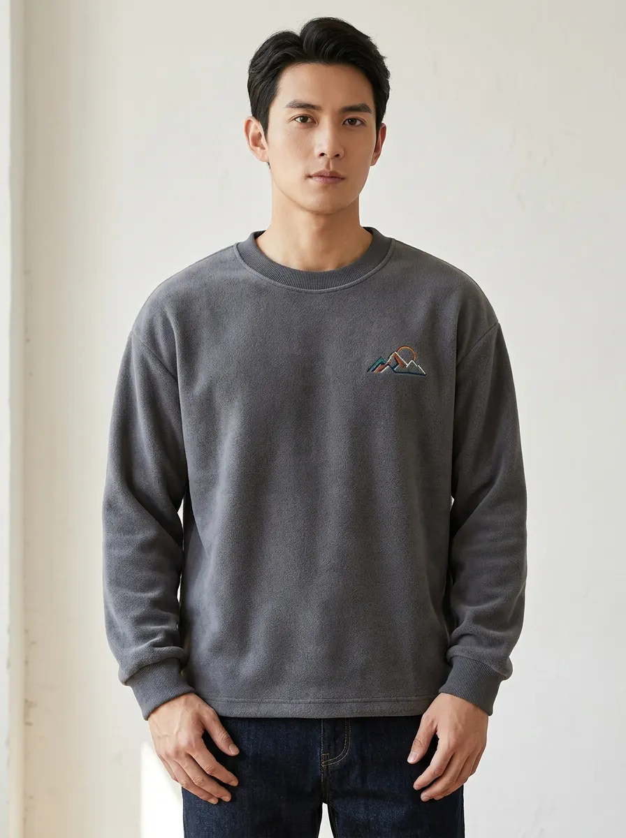 Men's Charcoal Grey Outdoor Mountain Embroidered Fleece Sweatshirt