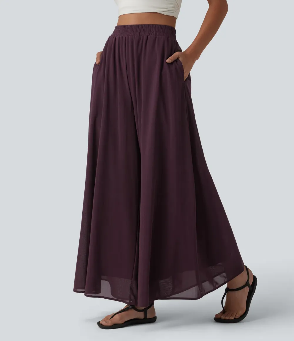 High Waisted Pocket Mesh Overlay Wide Leg Casual Pants