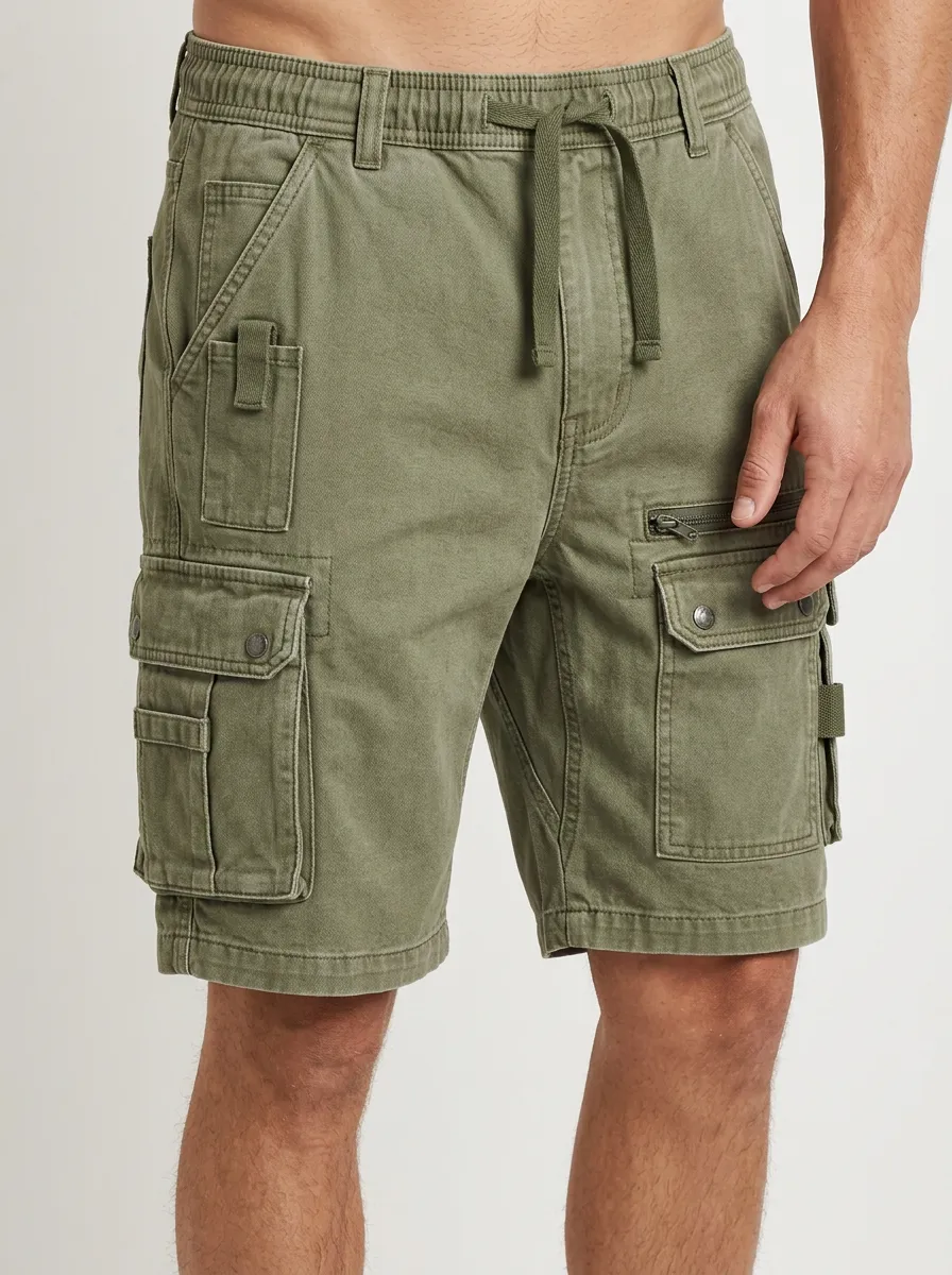 Men's Multi-Pocket Drawstring Zip-Pocket Cargo Shorts
