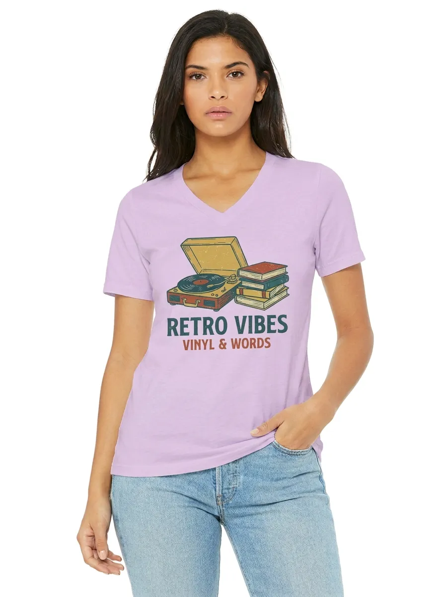 Women's Book and Vinyl Lover Retro Vibes Graphic V-Neck T-Shirt