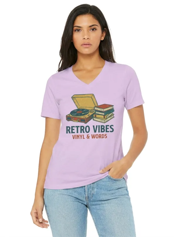 Women's Book and Vinyl Lover Retro Vibes Graphic V-Neck T-Shirt
