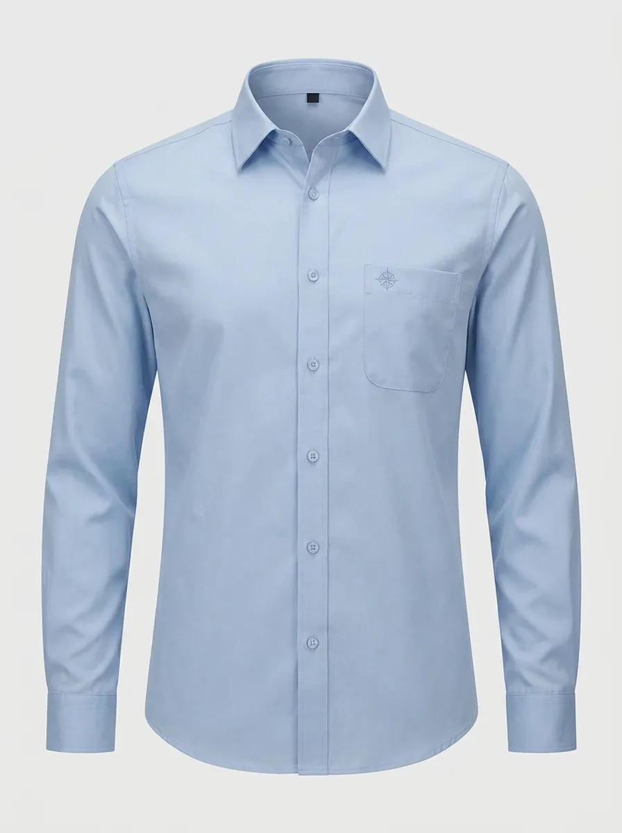 Men's Compass Embroidered Non-Iron Cotton Long Sleeve Shirt
