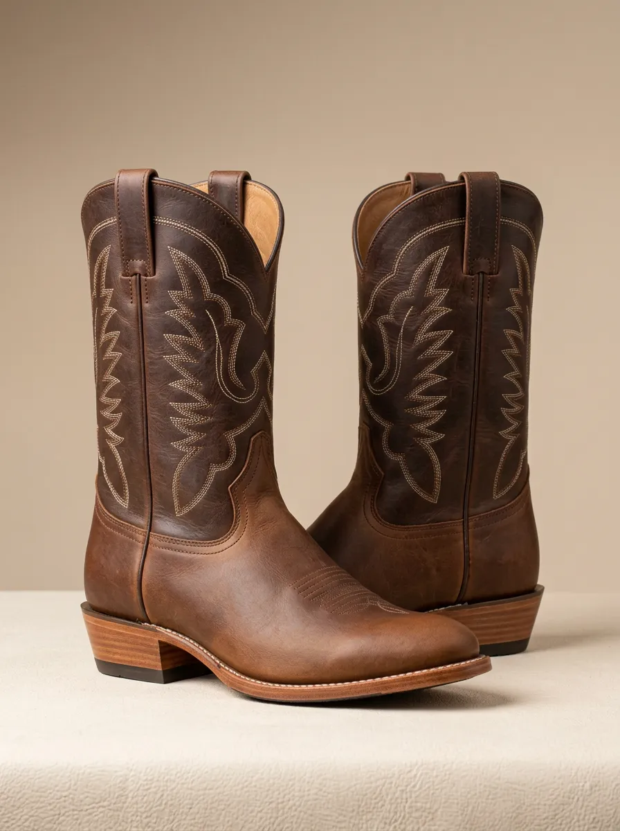 Men's Western Cowboy Brown Leather Stitched Pattern Boots