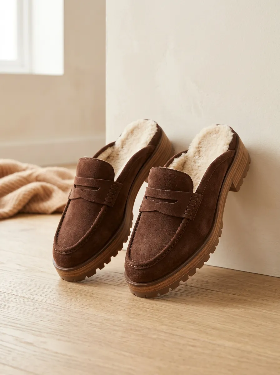 Women's Faux Fur Lined Platform Clog Style Suede Wood Sole Loafers