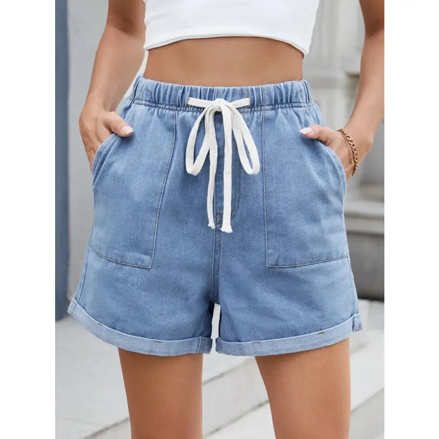 Casual Drawstring Pocketed Denim Shorts