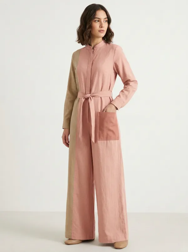 Women's Casual Minimalist Two-Tone Colorblock Belted Jumpsuit