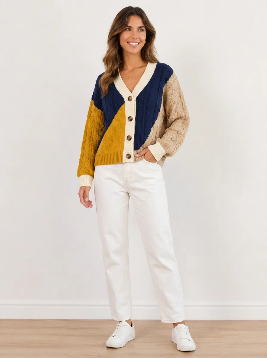 Women's Multi-Color Colorblock Cable Knit Cardigan Button-Front Cable-Knit
