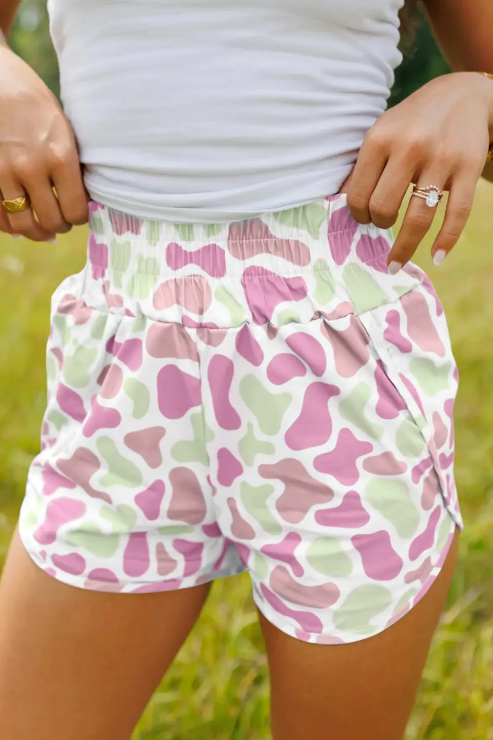 High-Waist Shirred-Waist Camouflage Athletic Shorts