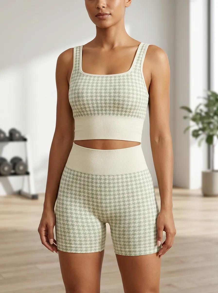 Easy-Wear Houndstooth Pattern Utility Look Women's Tank Top And Sports Shorts Set