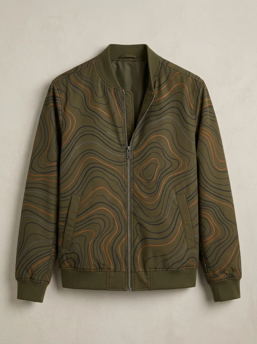 Topographic Print Ribbed Trim Welt Pockets Bomber Jacket