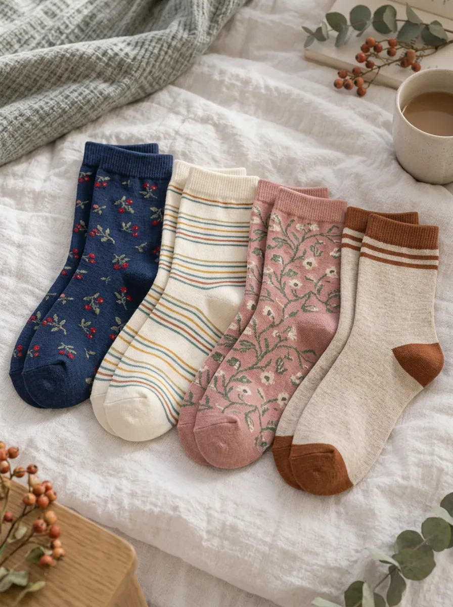 Women's Four-Pair Botanical Floral Striped Crew Socks Set