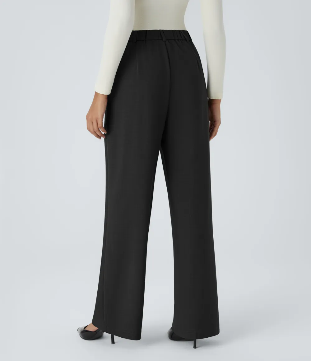 High Waisted Pleated Side Pocket Wide Leg Work Pants