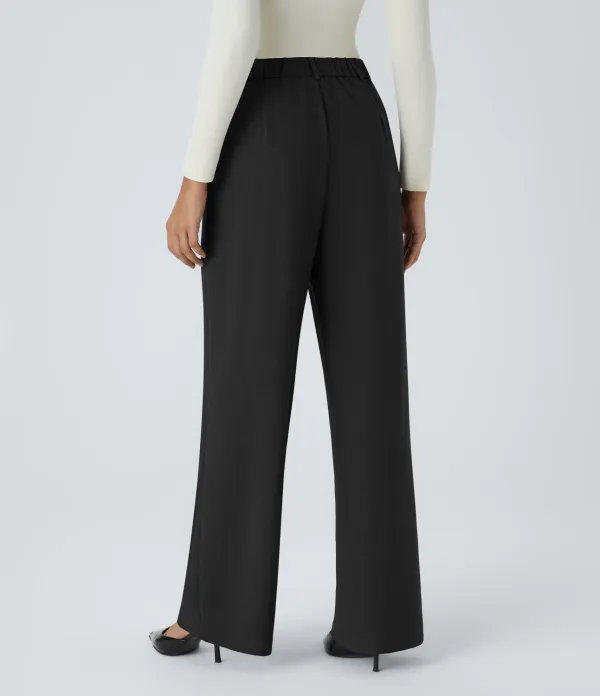 High Waisted Pleated Side Pocket Wide Leg Work Pants