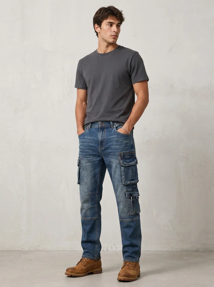 Men's Casual Streetwear Multi-Pocket Washed Denim Cargo Pants