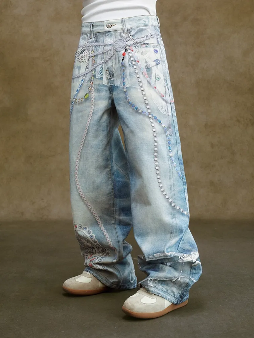 Embellished Deconstructed Denim Jeans