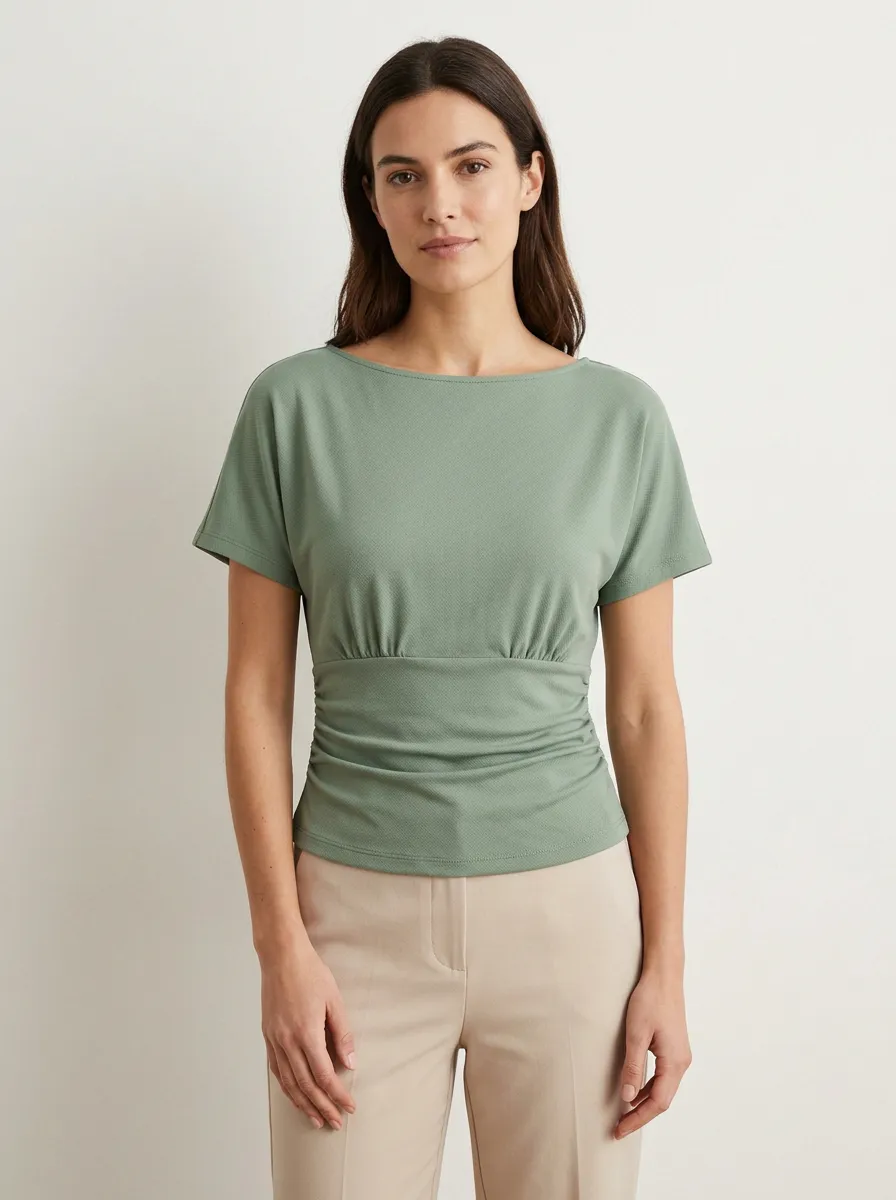 Boat-Neck Waist-Ruched Ruched Fitted Top