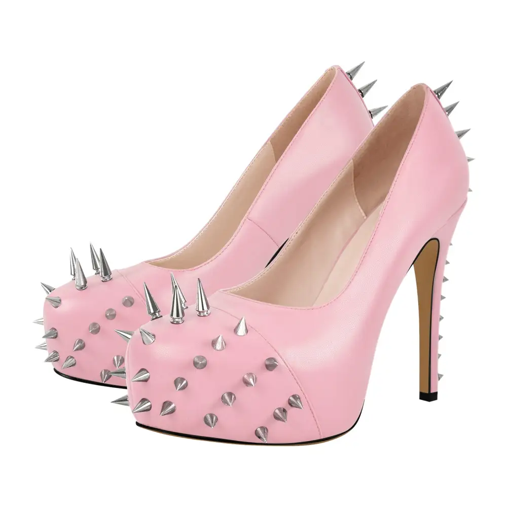 Rivet Round Toe Platform Stiletto Buckle Strap Pumps