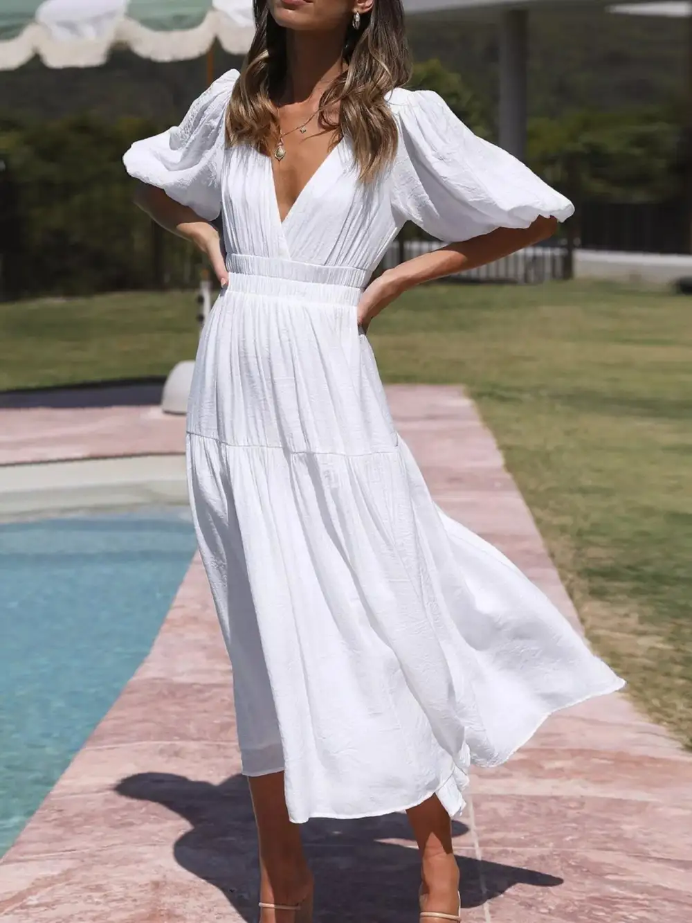 Everyday V-neck Puff Sleeve Midi Dress