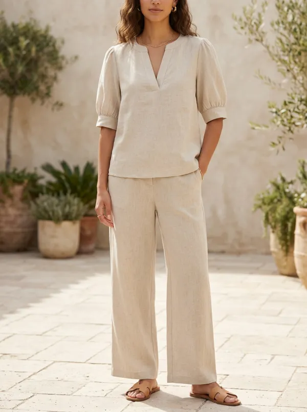 Puff-Sleeve Linen-Blend Women's V-Neck Shirt