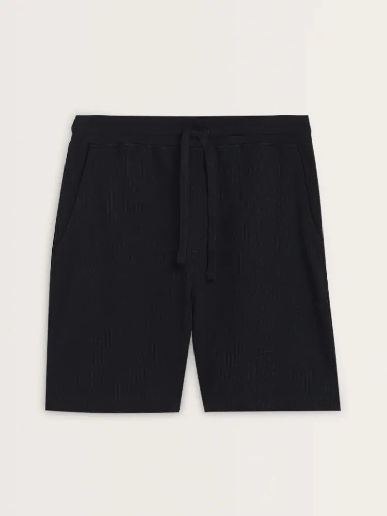 Navy Self-Textured Cotton-Blend Loose Shorts