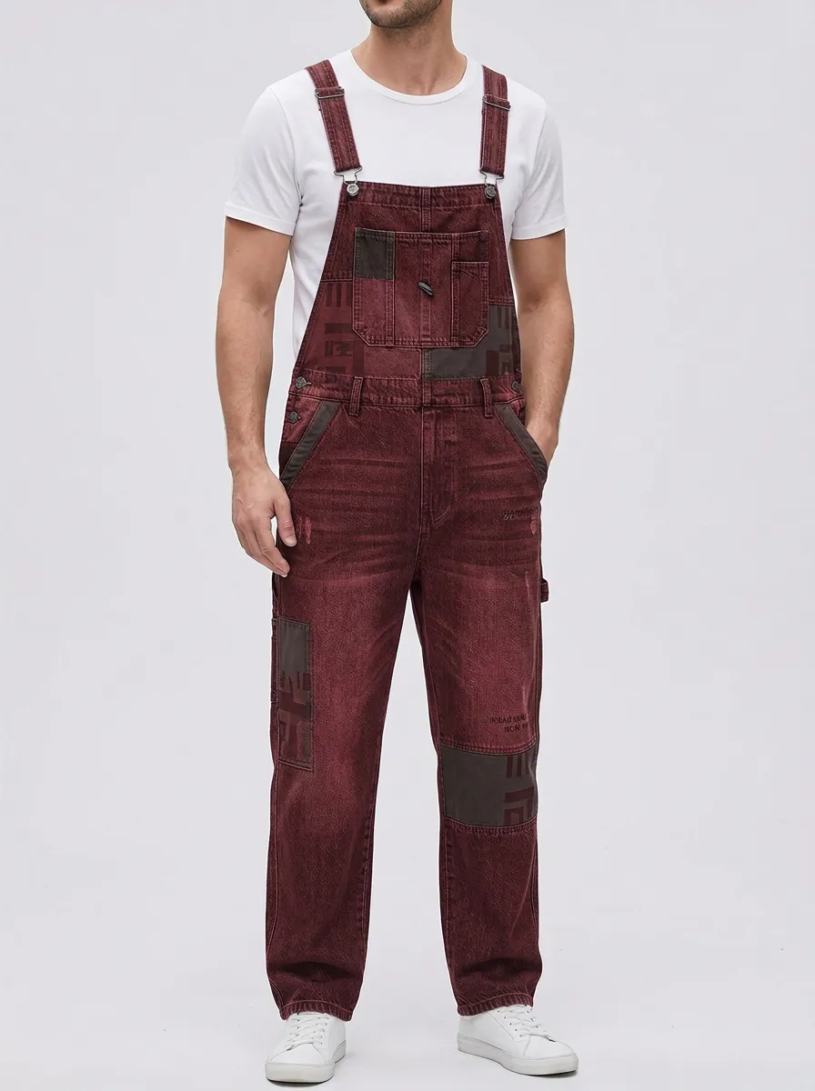 Patchwork Denim Graphic Print Overalls