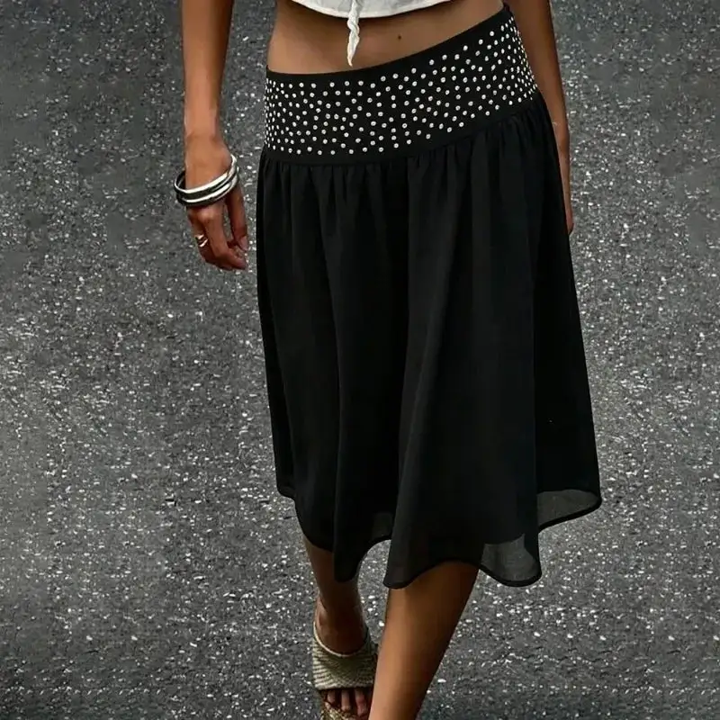 Midi Pleated Polka-Dot A-Line Skirt