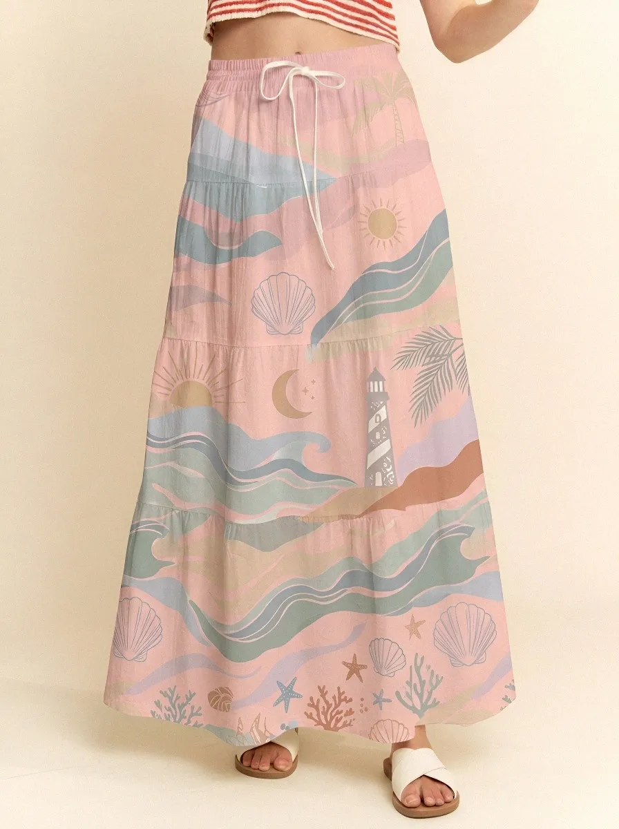 Women's Beach Lover Lighthouse Seashell Printed Maxi Skirt