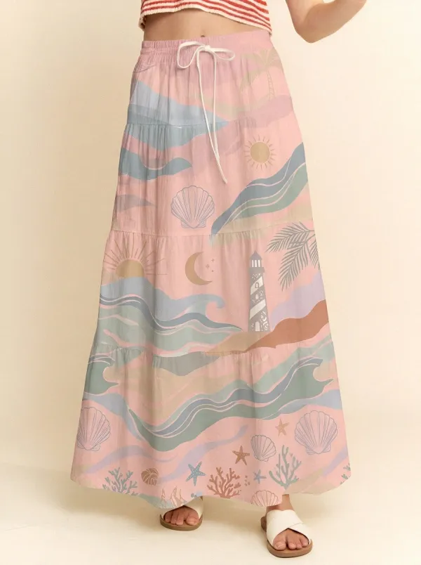 Women's Beach Lover Lighthouse Seashell Printed Maxi Skirt