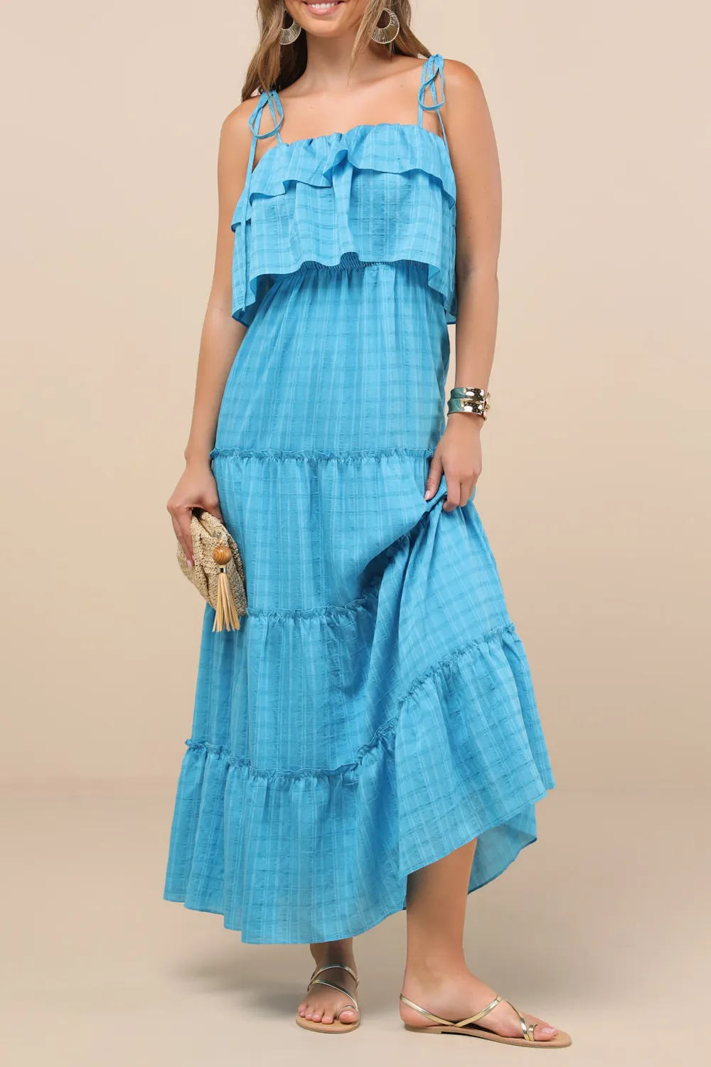 Casual Style Textured Tie-Strap Tiered Maxi Dress