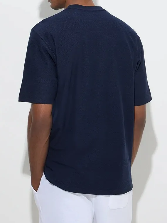 Navy Plain Loose Cotton-Blend T-Shirt