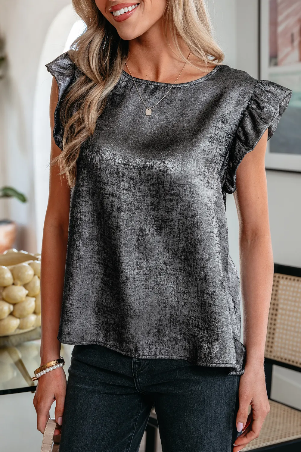 Silvery Metallic Round Neck Ruffle Top