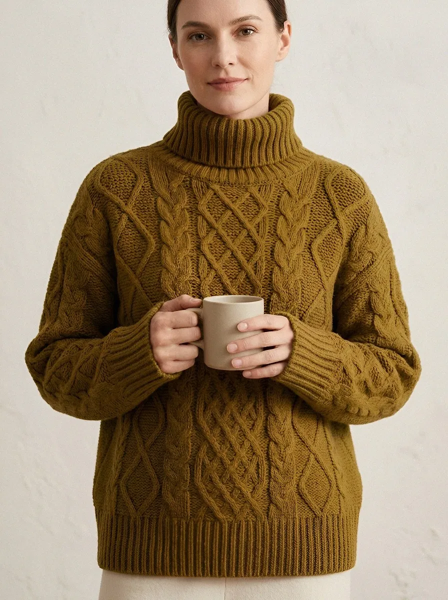 Women's Autumn Casual Rust Orange Cable Knit Turtleneck Sweater