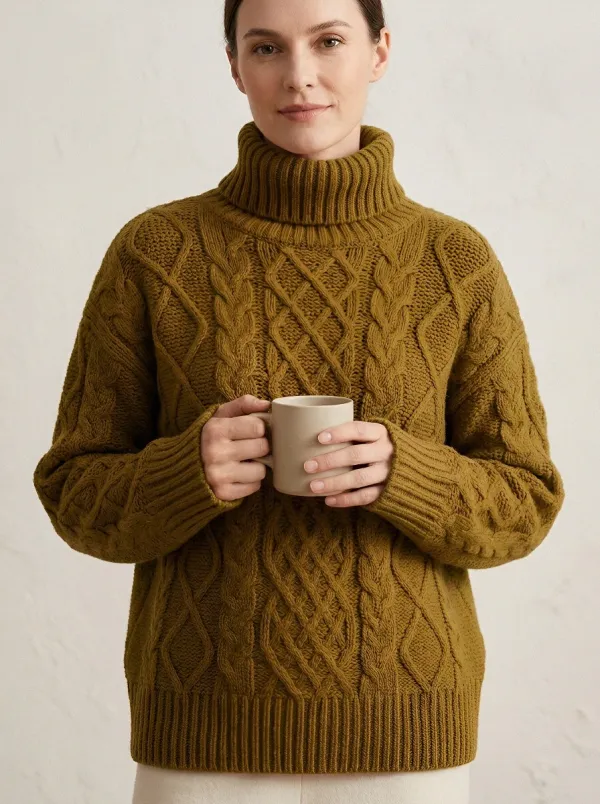 Women's Autumn Casual Rust Orange Cable Knit Turtleneck Sweater