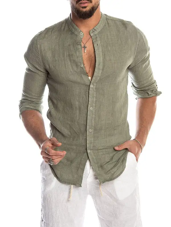 Streamlined Linen Mandarin Collar Shirt