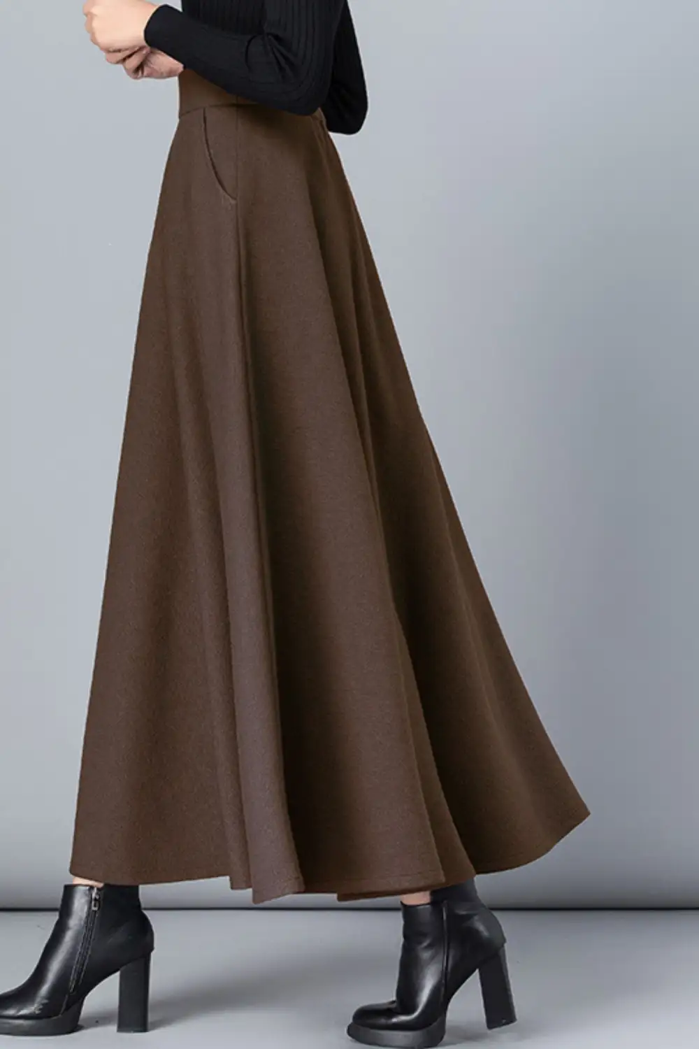Checkered Wool Blend A Line High Waist Maxi Skirt