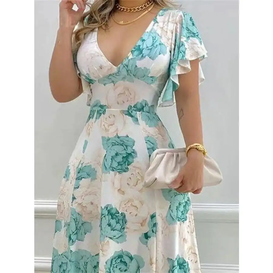 Plus Size Floral Print V Neck Maxi Dress with Flutter Sleeves