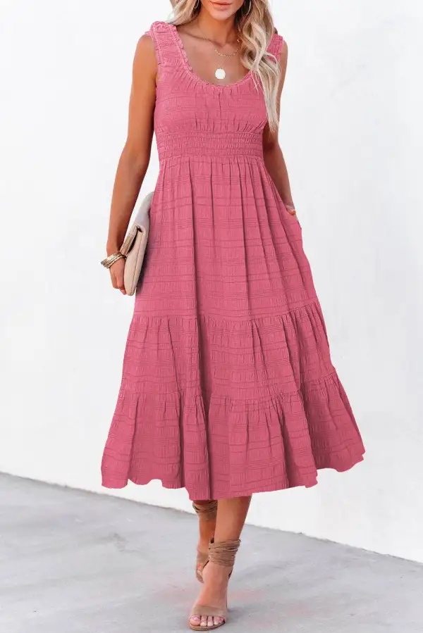 Square Neck Pleated Sleeveless Midi Dress