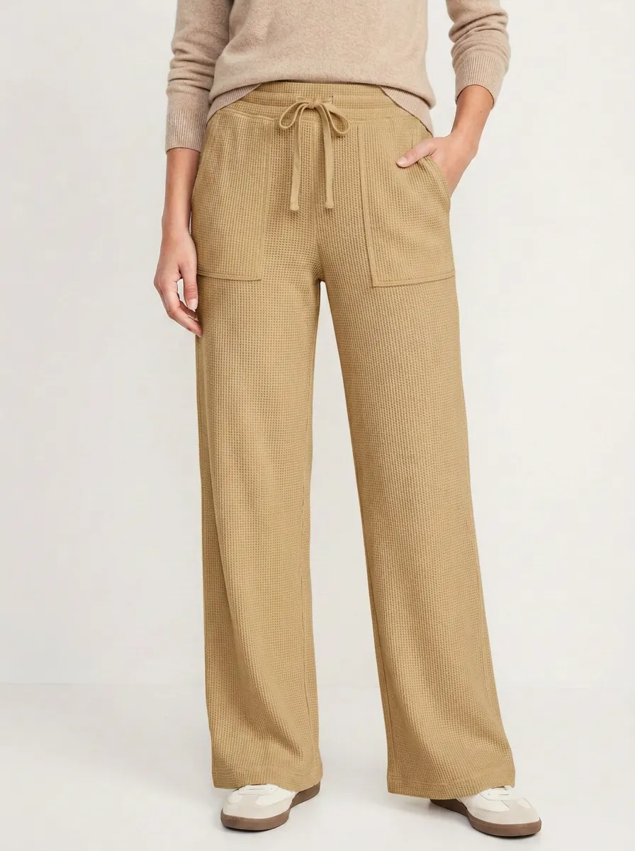 Women's Casual Waffle Knit Drawstring Wide Leg Pants