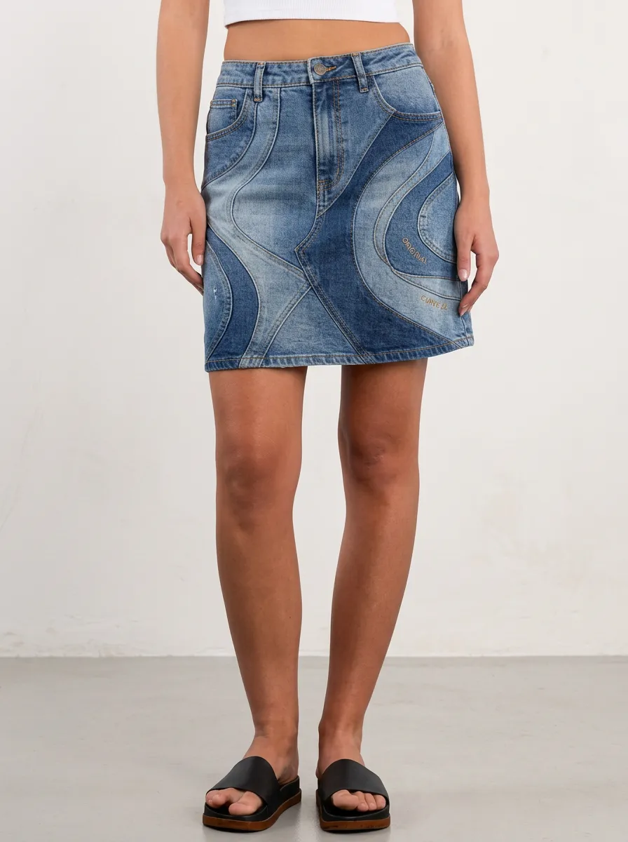 Women's Vintage Style Patchwork Pattern Printed Denim Skirt