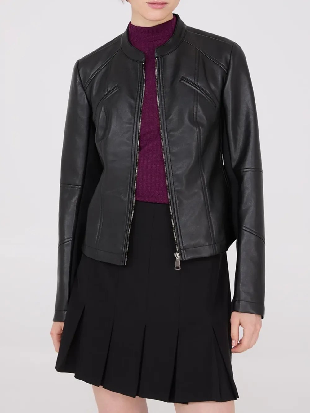 Collarless Faux Leather Coat