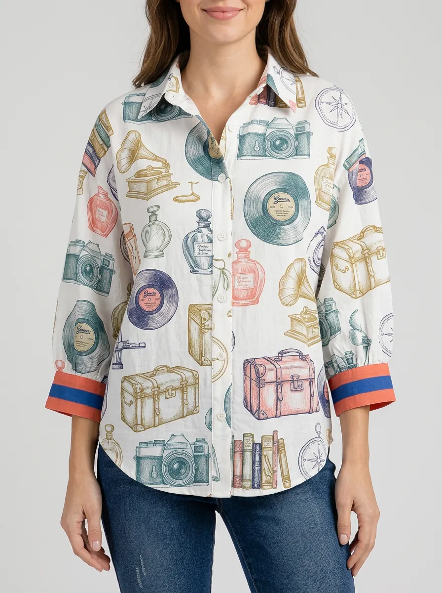 Women's Vintage Travel Camera Vinyl Graphic Button-Up Shirt