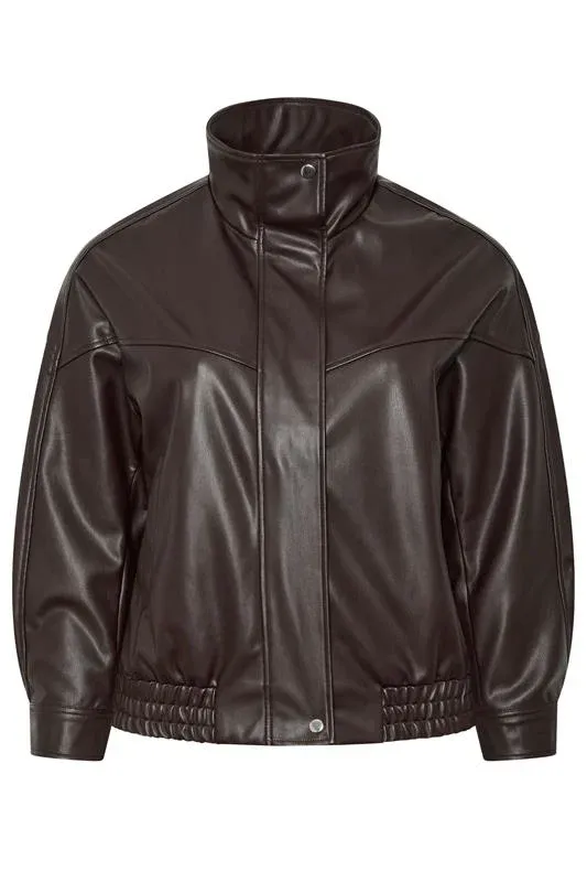 Chocolate Brown Faux Leather Funnel Neck Jacket