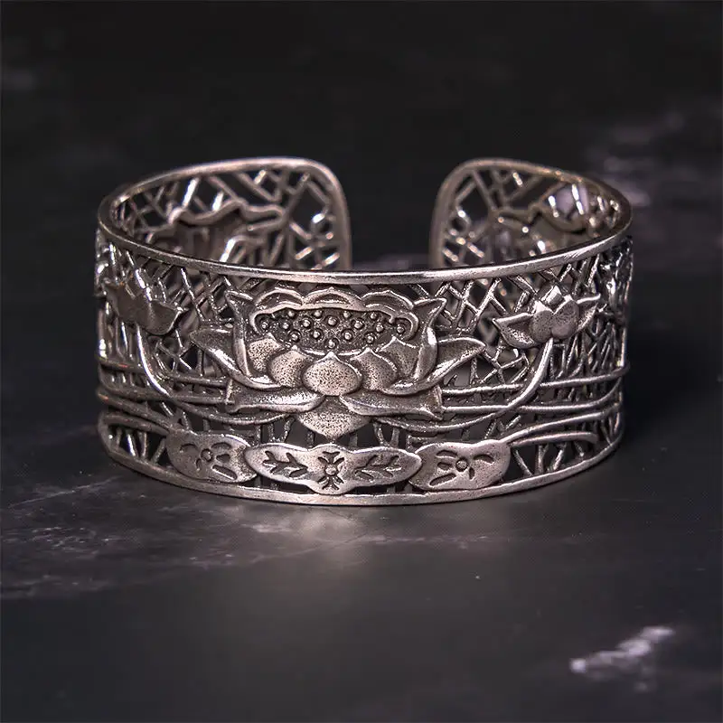 Hollow Lotus Plated Copper Bangle Bracelet