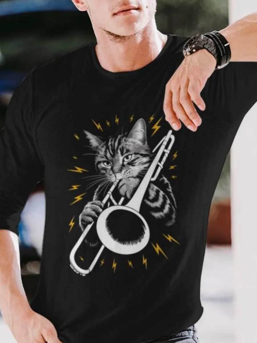Musician Cat Printed Long Sleeve T-Shirt