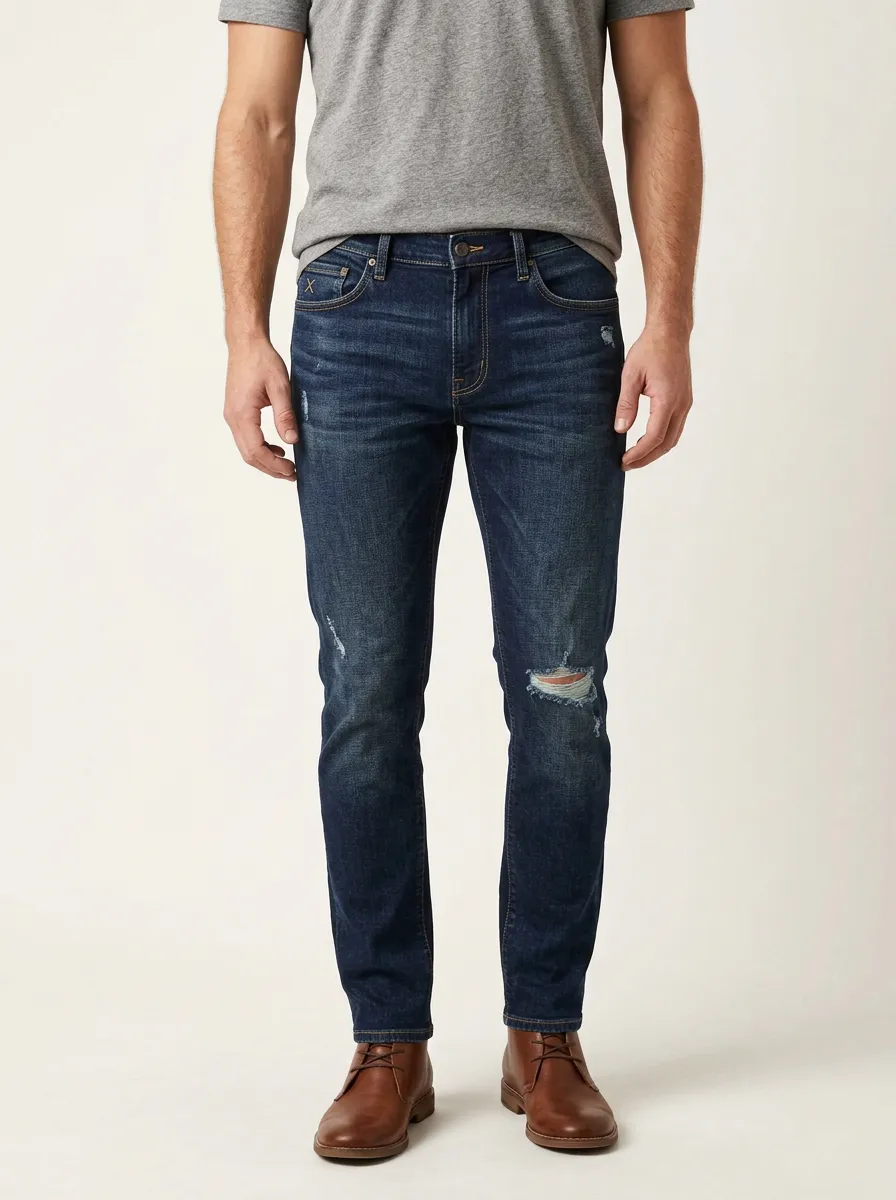 Men's Distressed Dark Wash Slim-Fit Jeans