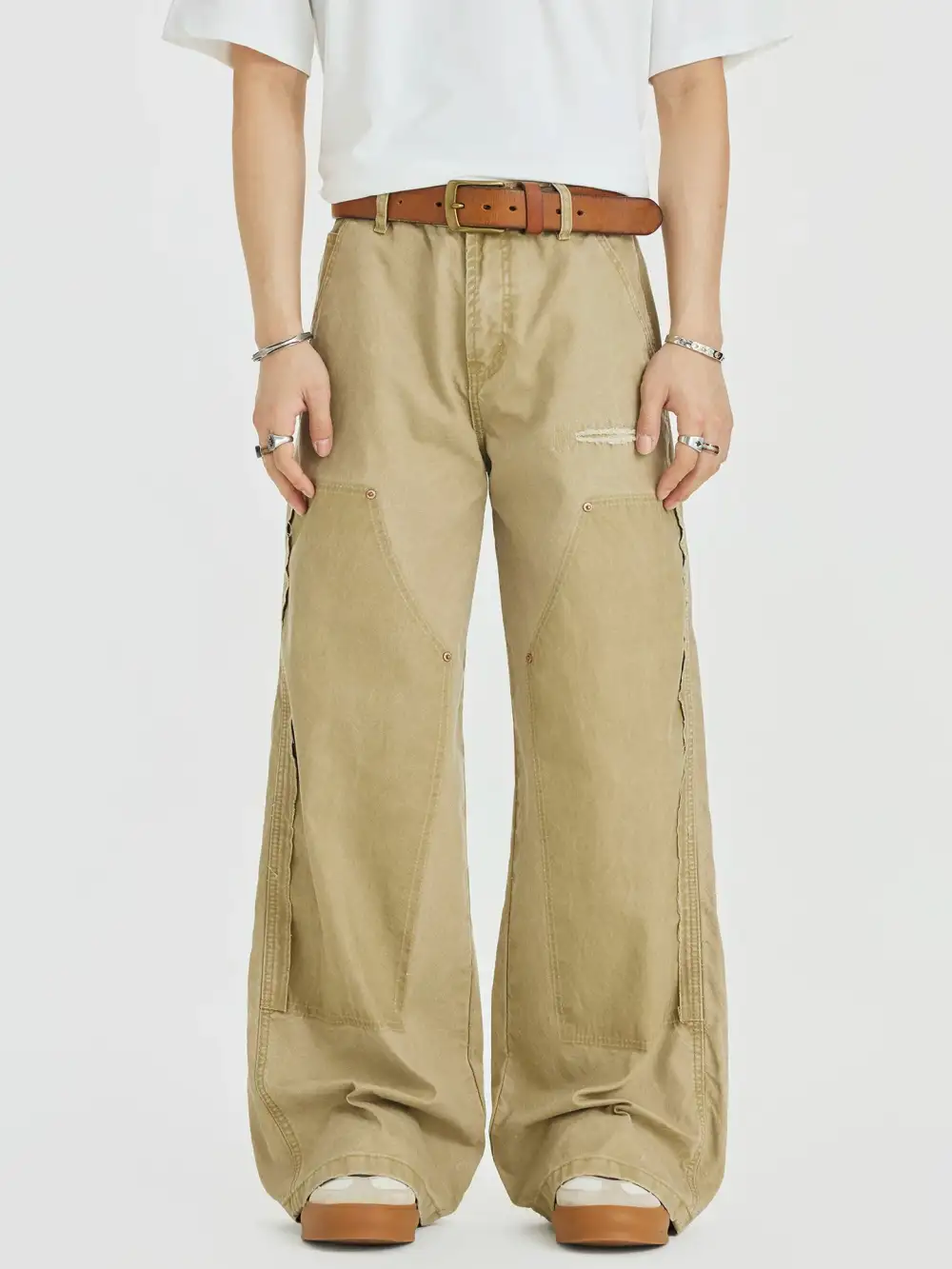 Wide-Leg Distressed Washed Workwear Jeans