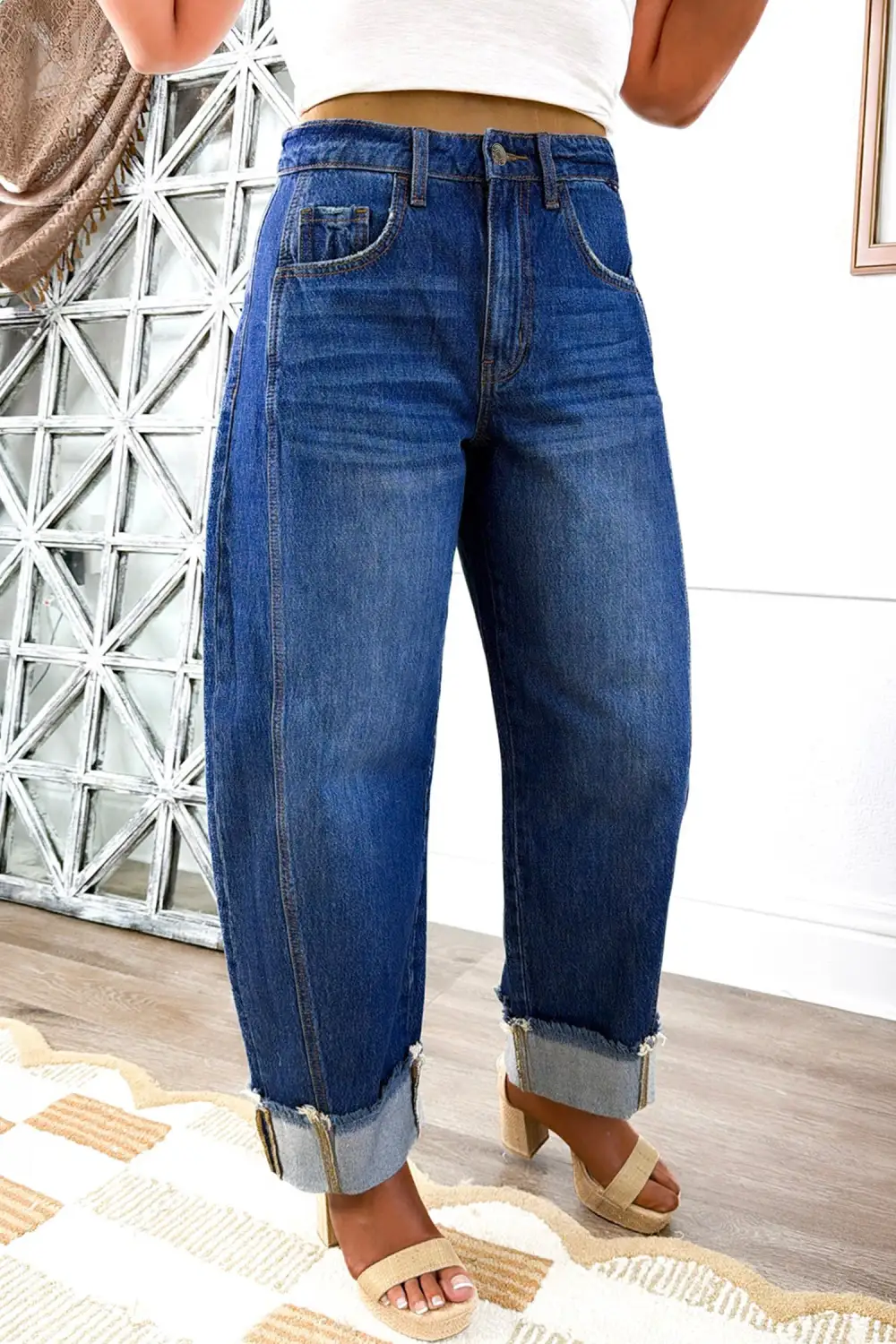 Women's Raw Hem Turnup Loose Ankle Length Jeans