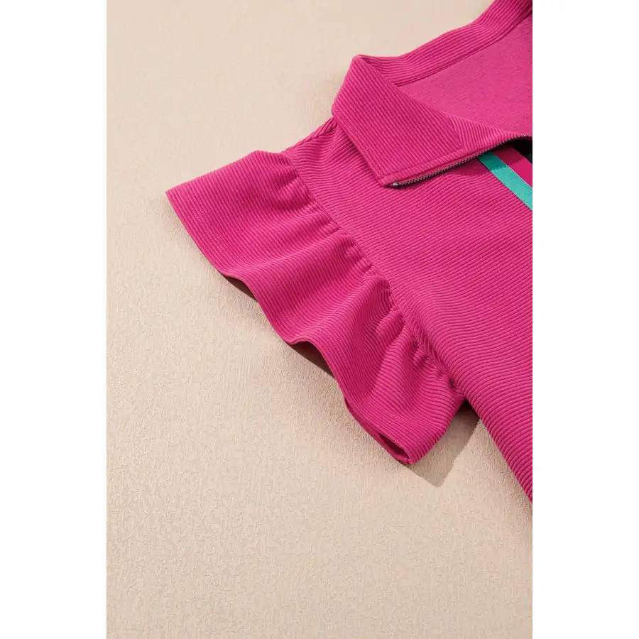 Striped Detail Flutter Sleeve Zipped Collar Top and Short Set