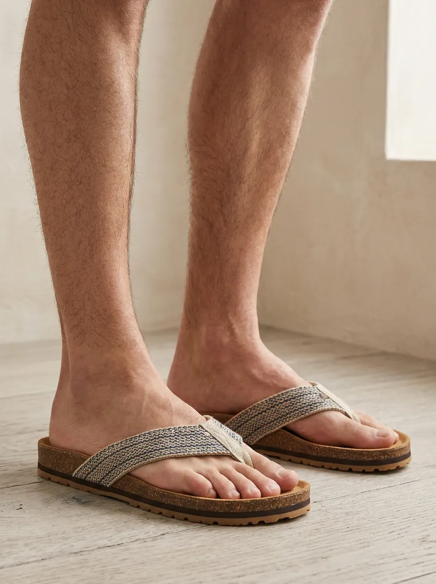 Men's Casual Summer Beach Woven Strap Cork Printed Flip Flops